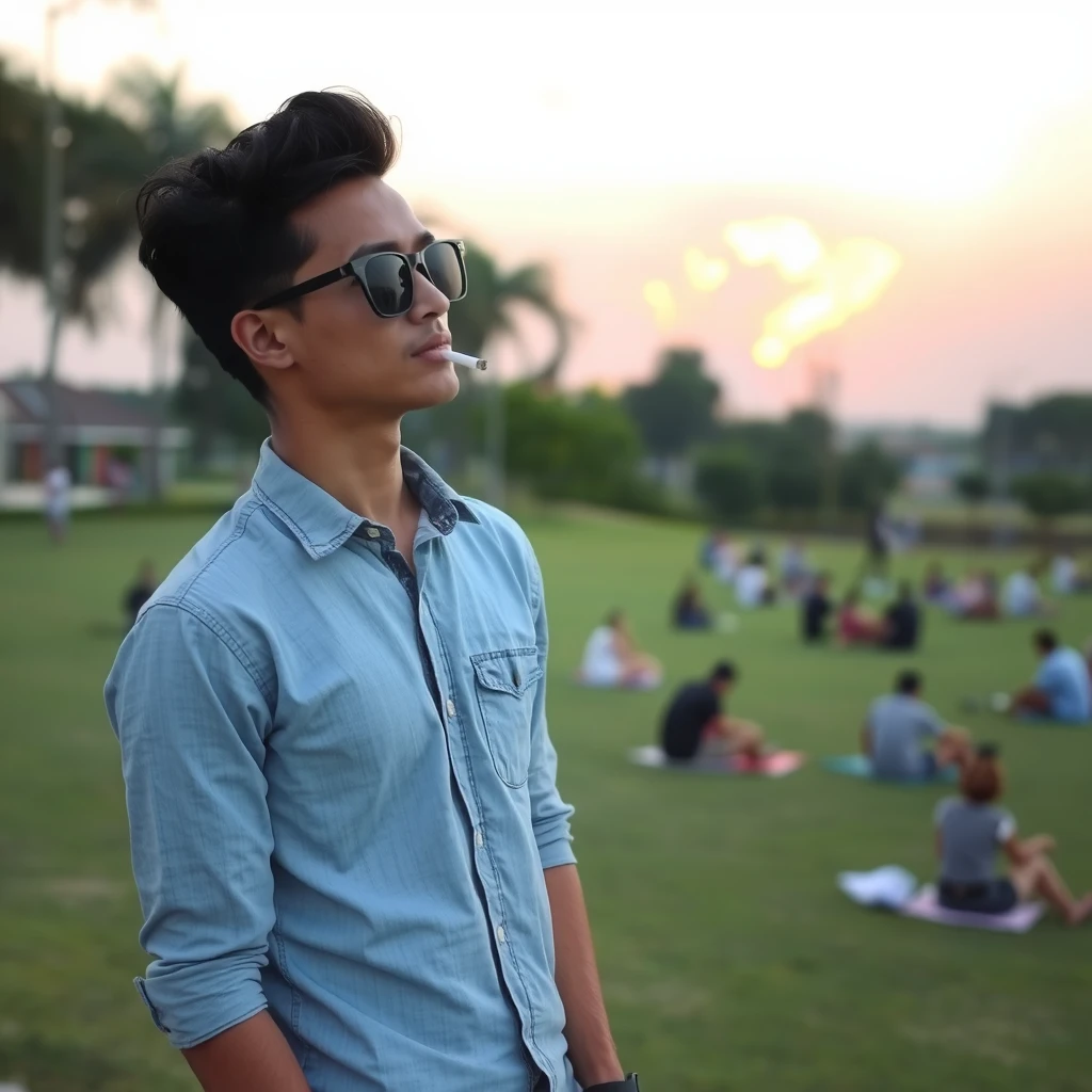 A young man, wearing a light blue denim shirt, stood by a large lawn. He wore a pair of black-framed sunglasses and had a slender build, about 1.75 meters tall and weighing 75 kilograms. He was leaning sideways with a cigarette in one hand, as if he was deep in thought about something. In the background is a sunset like a burning cloud, and many people can be seen sitting in twos and threes on the lawn. The whole atmosphere of the picture is very relaxing and leisurely. - Image