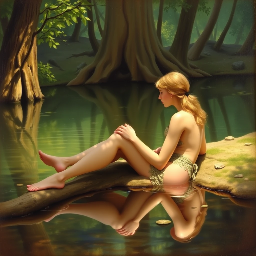 A wood nymph lies at the water's edge gazing at her reflection, a painting by Arthur Sarnoff.