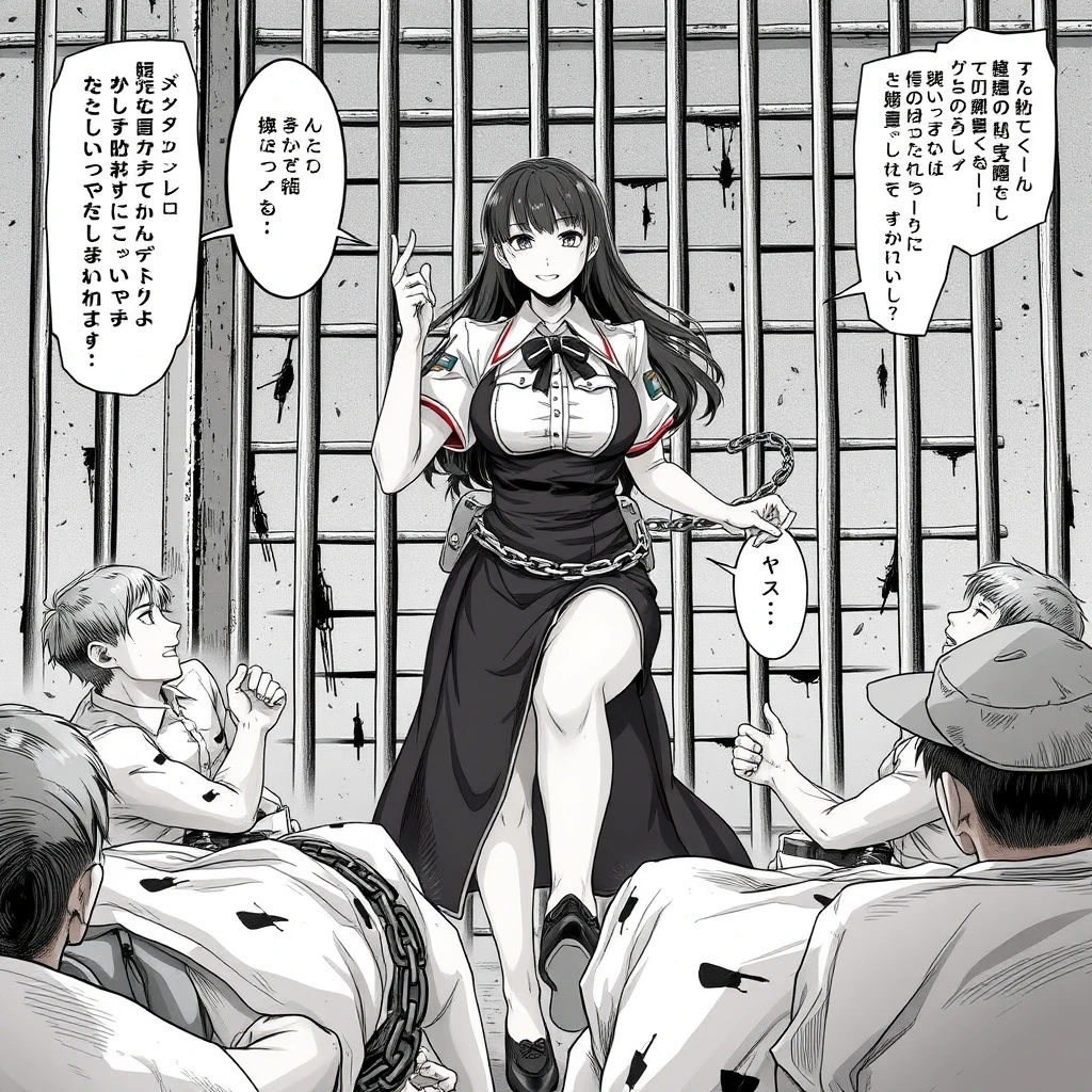 Female Domination manga, A woman is a prison guard, torturing the male prisoners at her feet, whipping, chaining. - Image