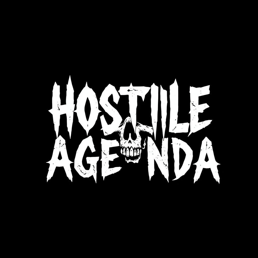 A logo for a hardcore punk band from the 1980s. The band name is HOSTILE AGENDA. Make sure it is spelled exactly "HOSTILE AGENDA". No extra letters, no missing letters. It should be low-detail and simple. White text on a black background. A skull should be included. It should look dirty and vintage.