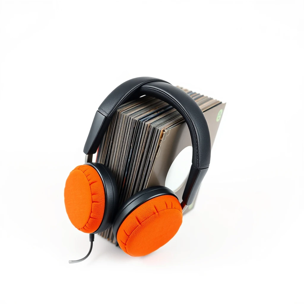 Product photography of small over-ear headphones with orange pads holding together a bunch of vinyl records, isolated on plain white background, Hasselblad, Kodak, portra 800, photo taken from a slight angle.