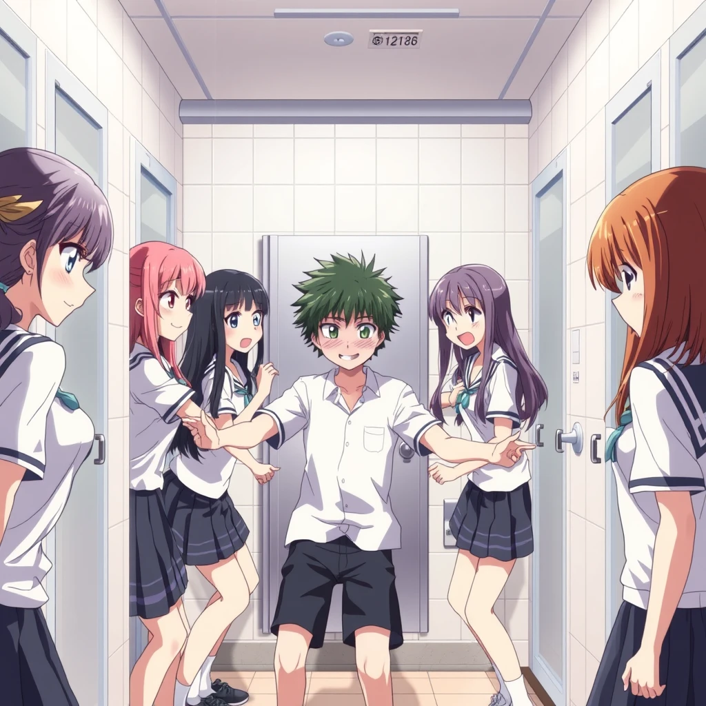 A group of beautiful girls beating a boy in the girls' bathroom at school. anime. - Image