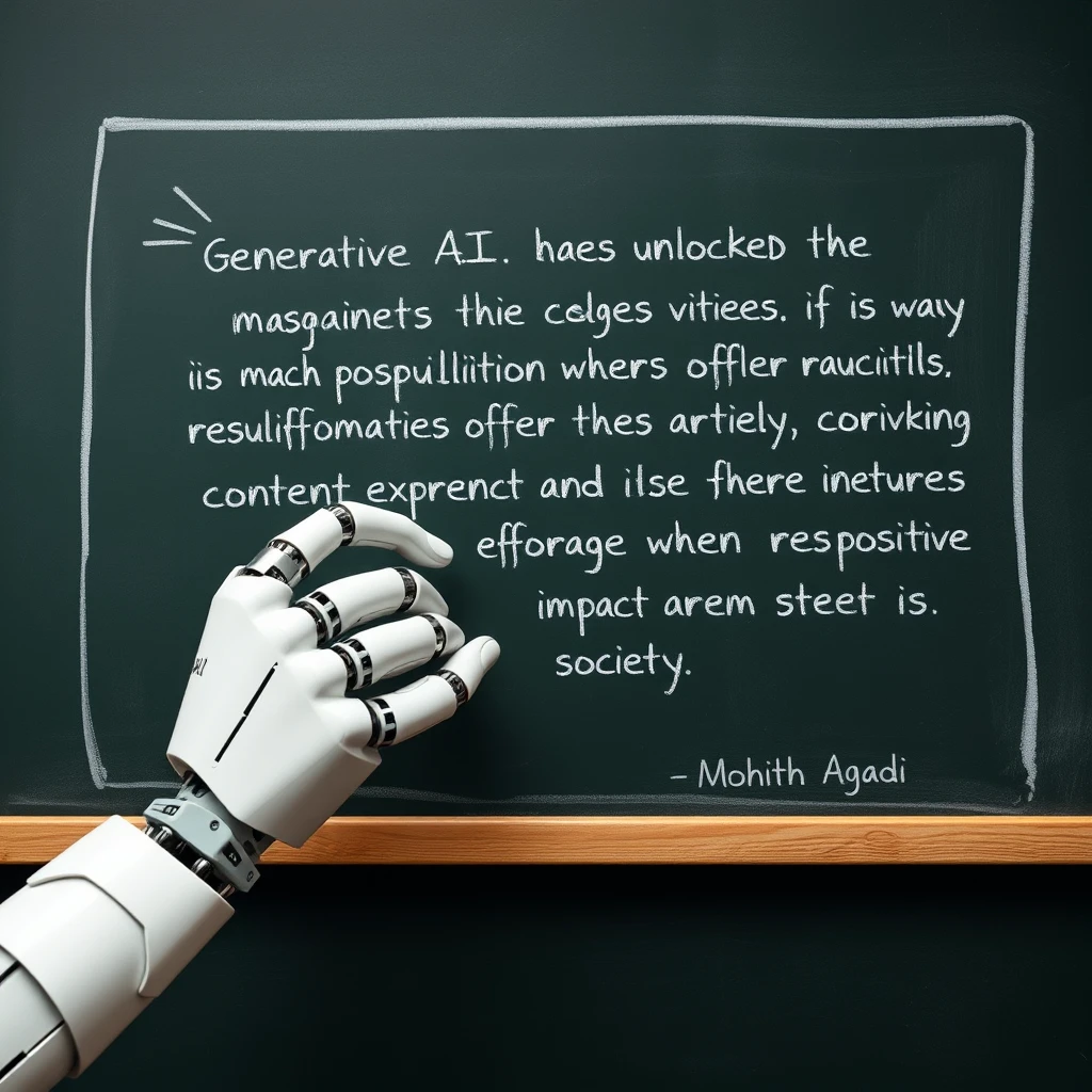 A robotic hand holding a piece of chalk writing with that piece of chalk on a chalkboard with writing on it that says “Generative AI has unlocked exciting possibilities in the realms of images and videos. Its manipulation and transformative capabilities offer new avenues for artistic expression, content creation, and immersive storytelling. As this technology continues to evolve, it is essential to leverage its power responsibly and ensure its positive impact on society.” ~ Mohith Agadi, classroom style chalkboard - Image