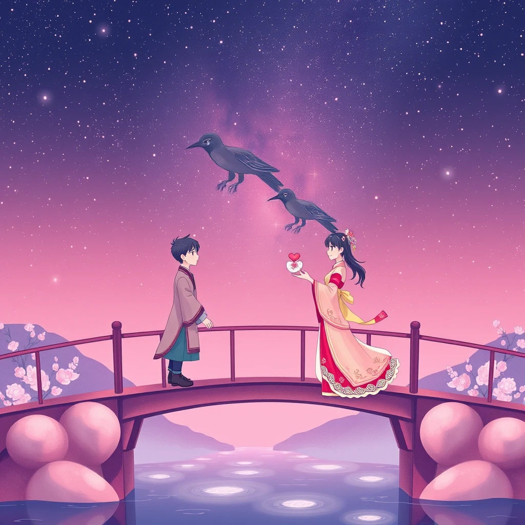 The scene depicts the romantic reunion of the Cowherd and Weaver Girl on the Magpie Bridge. They are dressed in traditional Chinese clothing, standing on opposite sides of the Milky Way and meeting on the bridge. The background features a deep night sky adorned with stars. The entire image uses soft pinks, purples, and blues to create a romantic atmosphere. The overall style reflects traditional Chinese aesthetics.