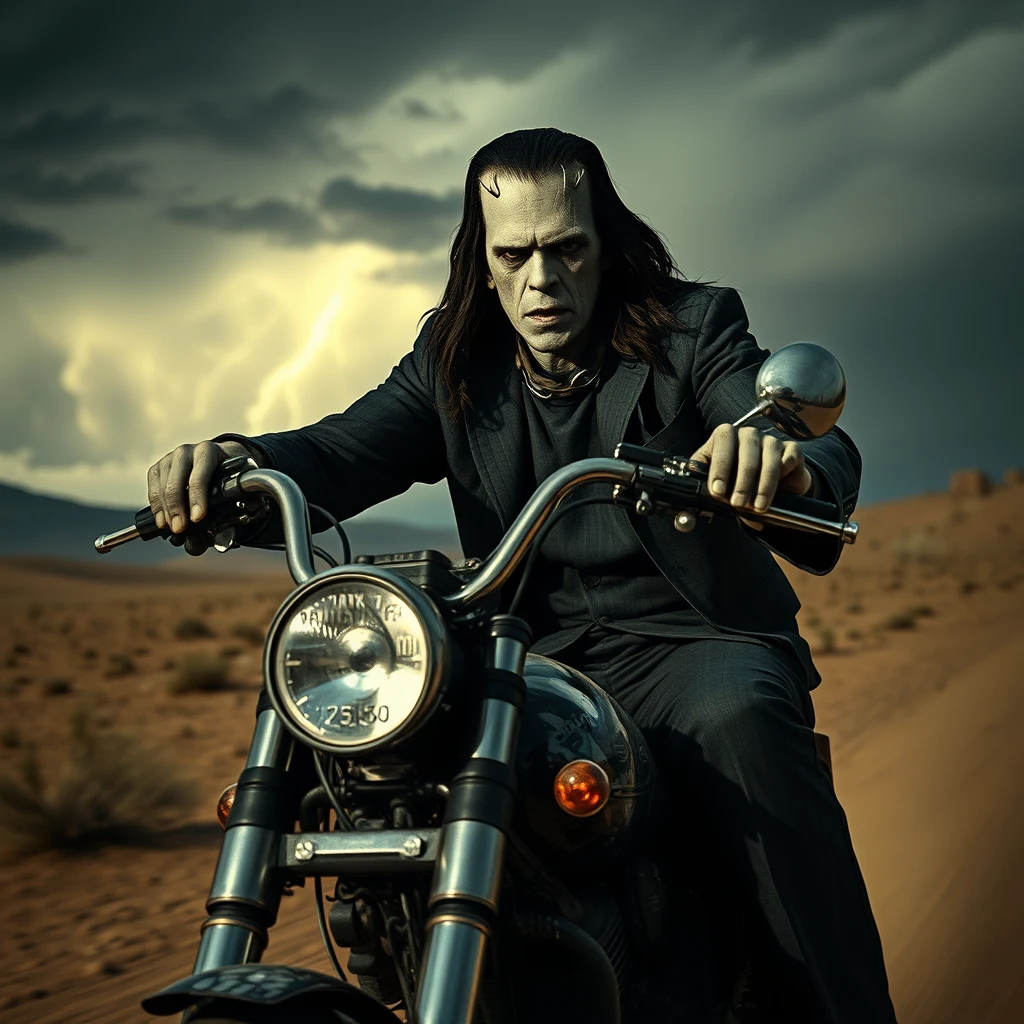 Boris Karloff as Frankenstein with long hair, riding his chopper, a storm is coming across the desert, photo-realistic, aggressive, 4k.