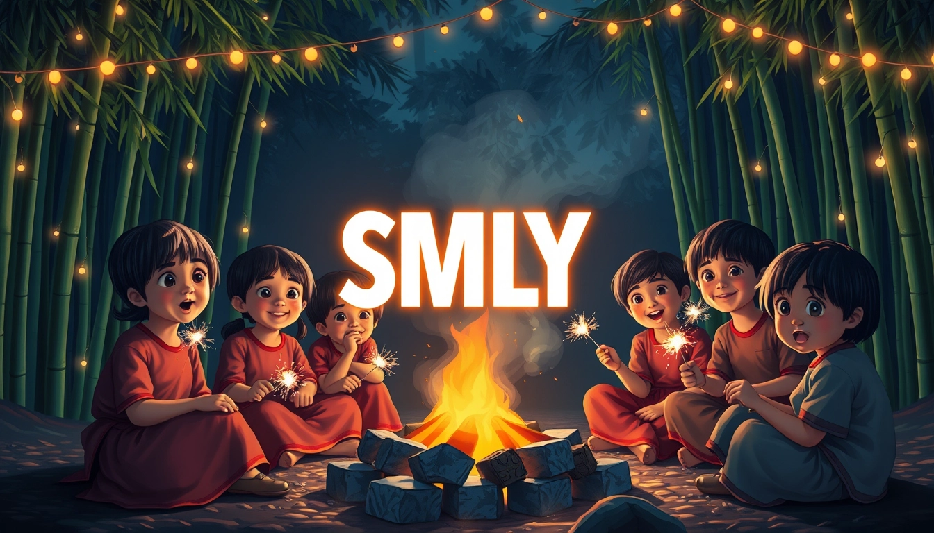 A digital painting of a group of Vietnamese children in traditional clothing sitting around a campfire at night. The children are holding sparklers and smiling. The background is a bamboo forest with lights hanging from the trees. The letters "SMLYT" are prominently displayed and illuminated in the center, like a movie screen. - Image