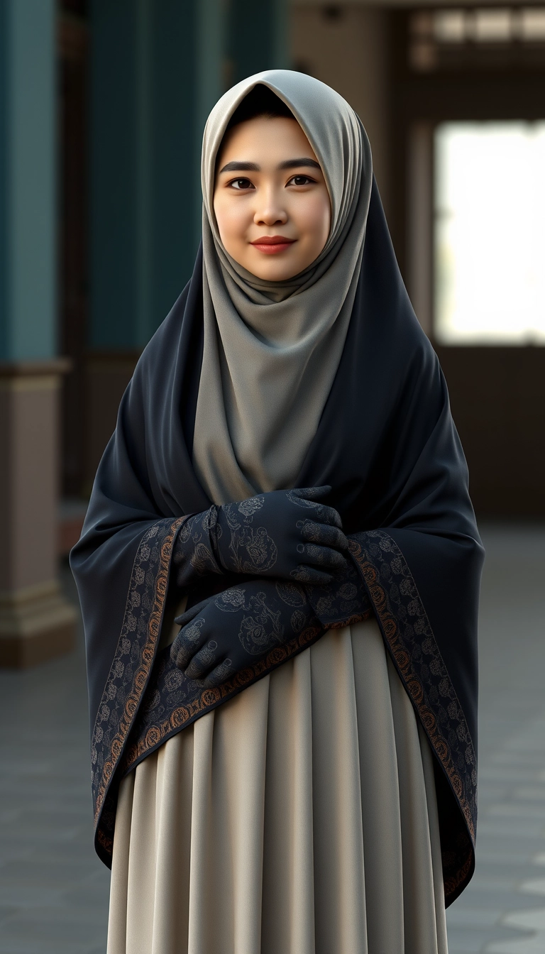 A 3D, 8k depiction of a Muslim woman from Palembang, wearing a traditional long songket and a long gown (gamis). She is adorned with a hijab that covers her chest and wears batik gloves covering her hands. - Image