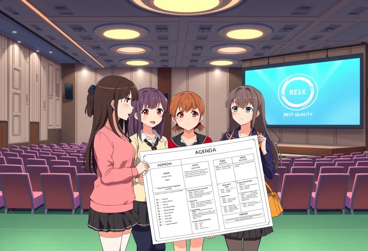 Anime illustration of five girls standing side-by-side discussing the agenda for the upcoming opening ceremony in a conference hall with a stage and screen. They are holding a large floor plan and reading it, with a detailed background, masterpiece, best quality.