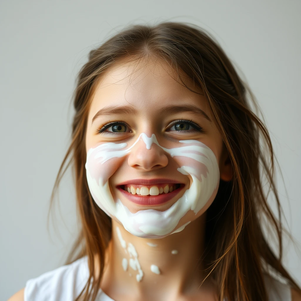 A girl smiles sheepishly after she accidentally spurts translucent white skincare cream all over her face and hair. - Image