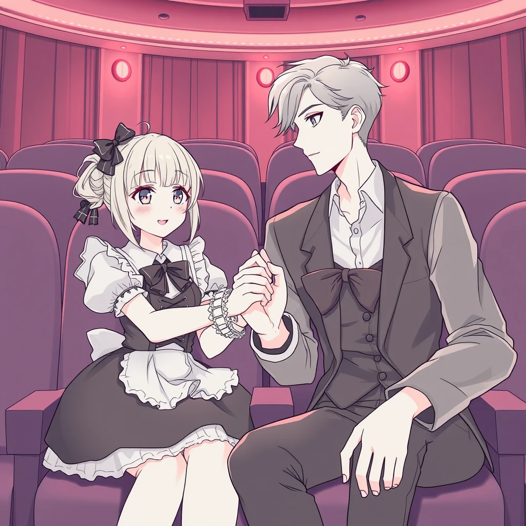 Anime pure lineart, beautiful girl dressed in Lolita costume and handsome tall boyfriend, sitting in cinema, handshaking.