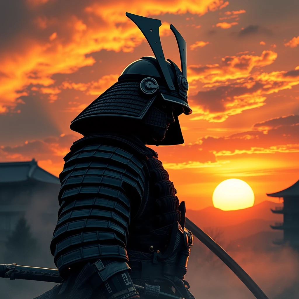 A samurai at sunset in Japan.