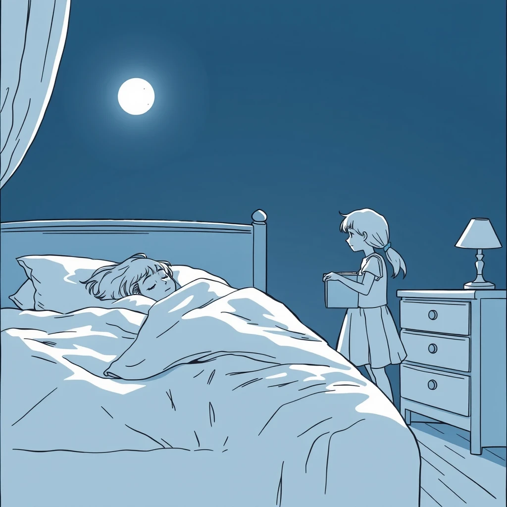 Side view of the bed where there is a woman sleeping on the bed while her daughter standing nearby is opening a drawer, dark night, moonlight, atmosphere, comic line art.