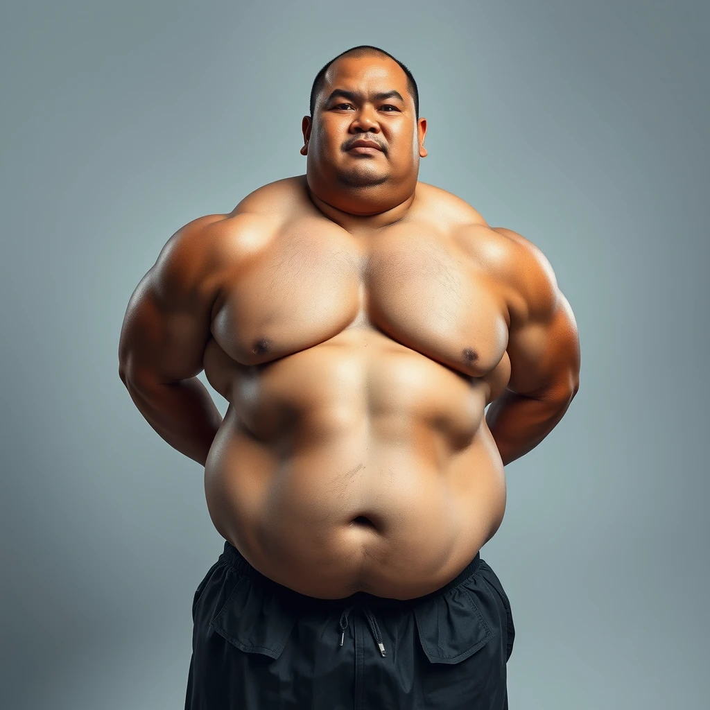 A full body portrait of a muscular (beefy:1.4) Asian male, there is a layer of fat over his muscles, buzz cut, 32k UHD, real.