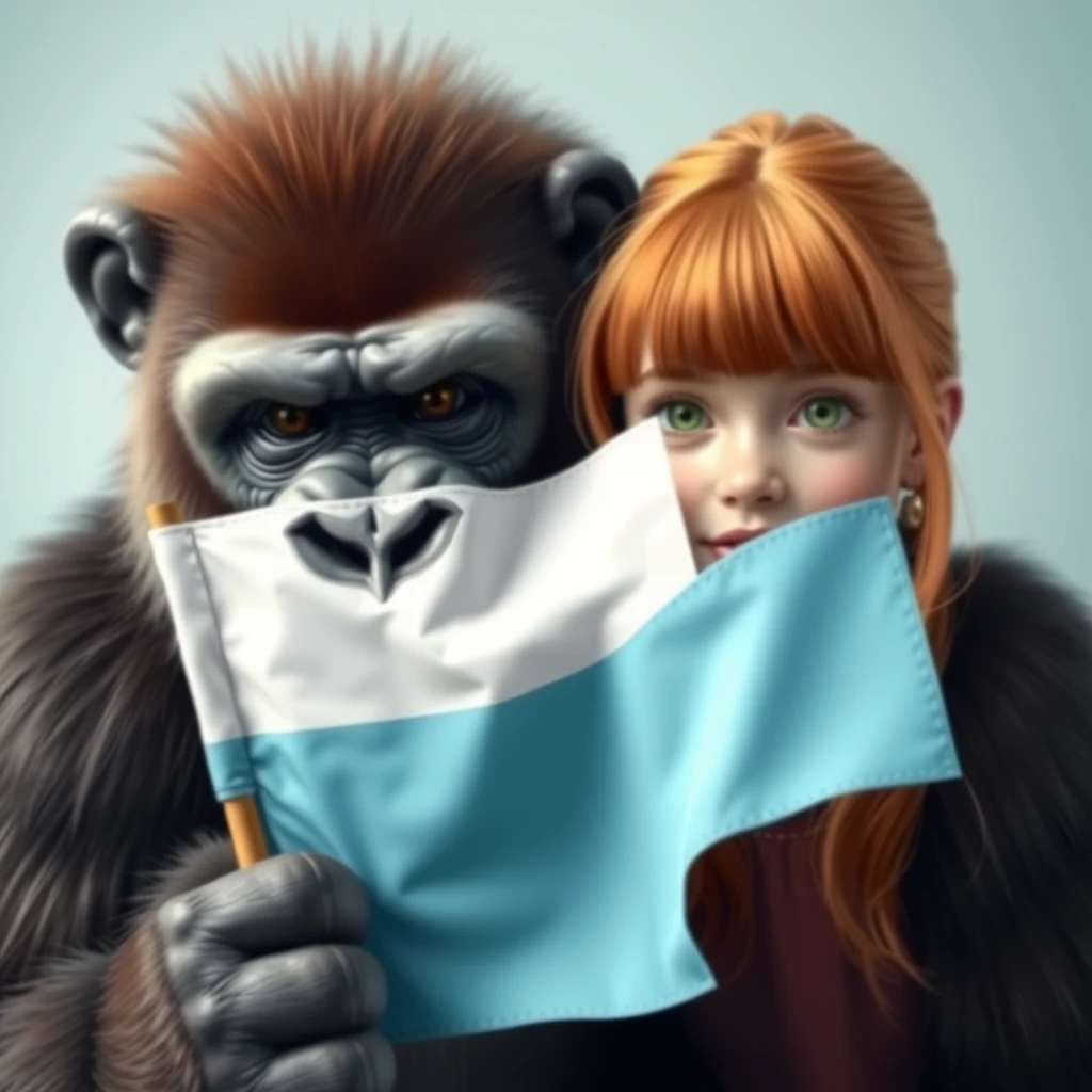 A gorilla holding a three-striped flag in light blue, white, and light blue colors next to a cute ginger-haired teenage girl with green eyes and bangs.