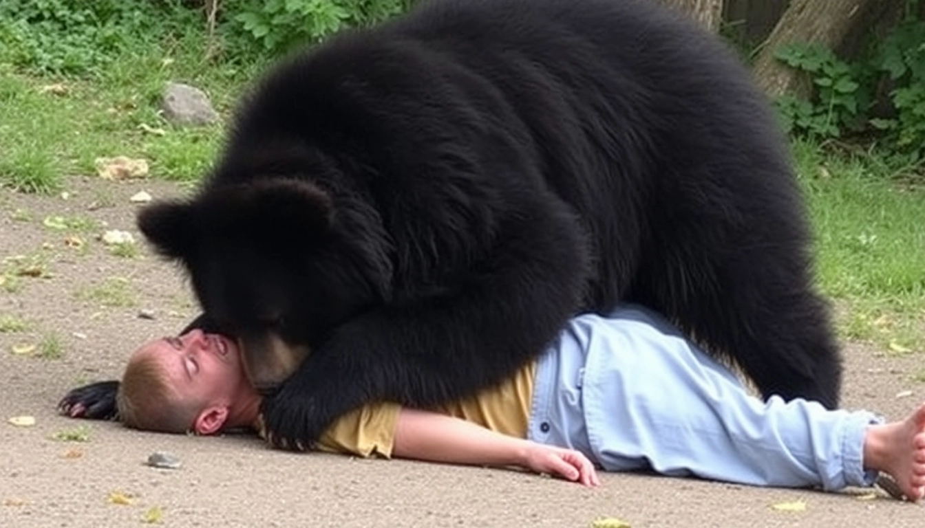 The strong black bear is pressing down on the person lying on the ground. - Image