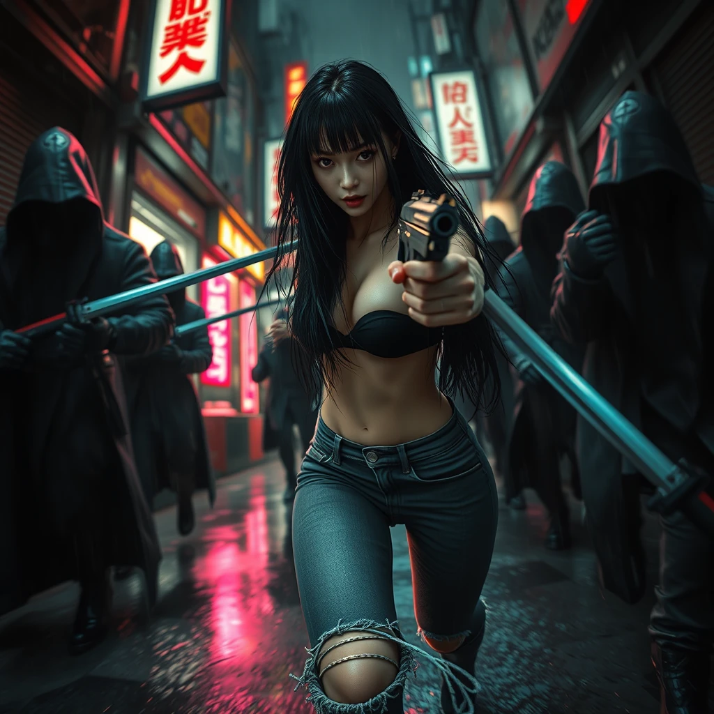 unreal, masterpiece, artstation, score_9, score_10, sexy alluring cyberpunk Japanese female with long straight black hair, sprinting desperately down a dark dystopian urban alleyway being chased by menacing cyberpunk assassins with katanas in futuristic hooded cloaks just about to reach her, katanas reflecting neon lights, holding a revolver pistol in her right hand, ripped jeans, ripped fishnet leggings, she is turned slightly towards the chasers, bokeh, depth of field, raining, wet surfaces, wet hair, cybernetic implants, fisheye lens, high FOV, grunge graffiti art style, Japanese shop signs, neon lights with realistic lighting, dark and gloomy, manhwa art style, realistic lighting, realistic reflections, high quality, 8k, concept art, close up camera shot, realistic hands, realistic pistol, atmospheric lighting, realistic katanas. - Image