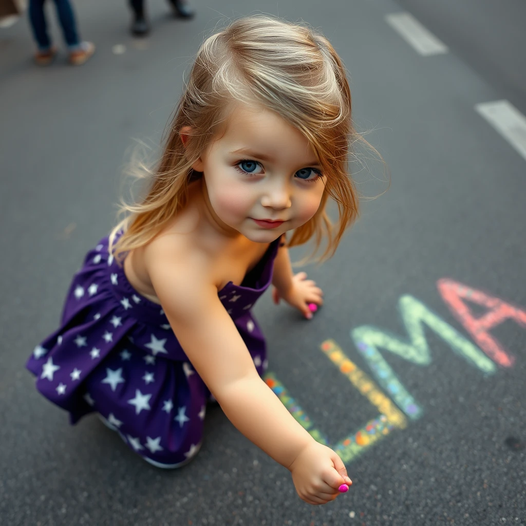 Four-year-old girl with light brown hair. The girl is wearing a long, shirtless purple star and galaxy-themed outfit. She has hazel-colored eyes and looks Scandinavian. She is painting rainbow-colored chalk text "ALMA" on the street. Photorealistic, high quality. - Image