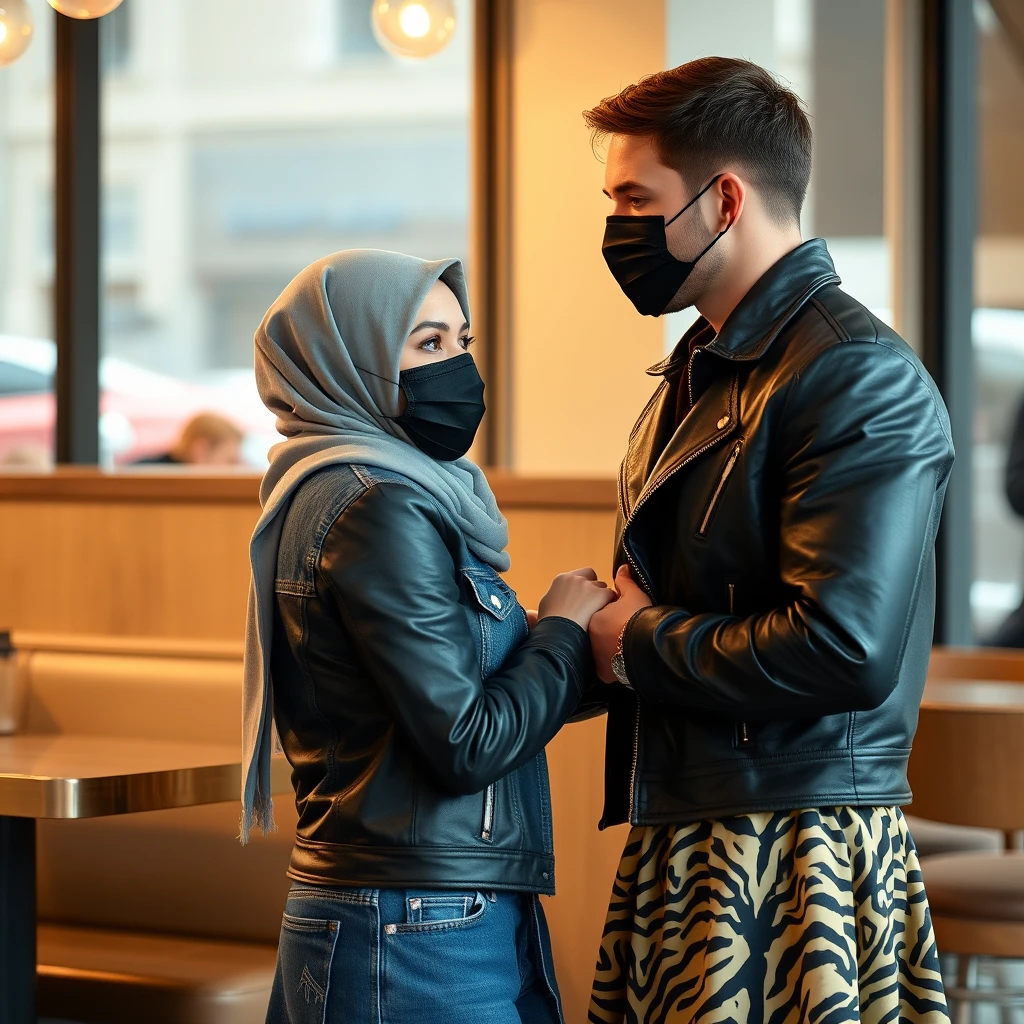 Jamie Dornan's head and body shot, handsome, black face mask, blue jeans jacket, jeans, dating with a Muslim girl in a grey hijab, beautiful eyes, black face mask, black leather jacket, a very large tiger pattern skirt, at a cafe, looking at each other, photorealistic. - Image