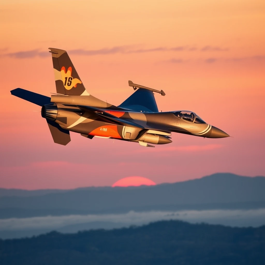 F-16 with an unusual livery, mid flight, dawn.