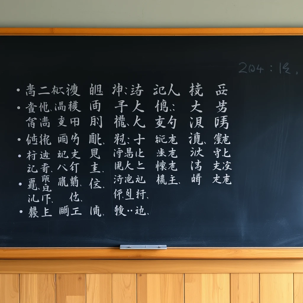 "In the classroom, there are Chinese characters or Japanese. There are ancient poems on the blackboard."