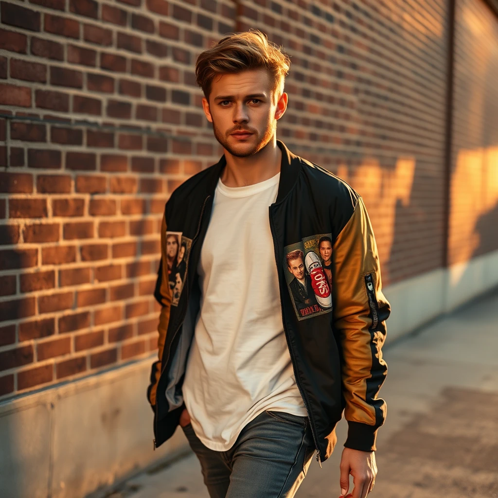 Jamie Dornan head and body shot, handsome, young, serious face, white T-shirt, collage jacket, skinny jeans, sneaker, walking hot style, hyper-realistic, street photography, brick wall, full body photo, sunrise. - Image