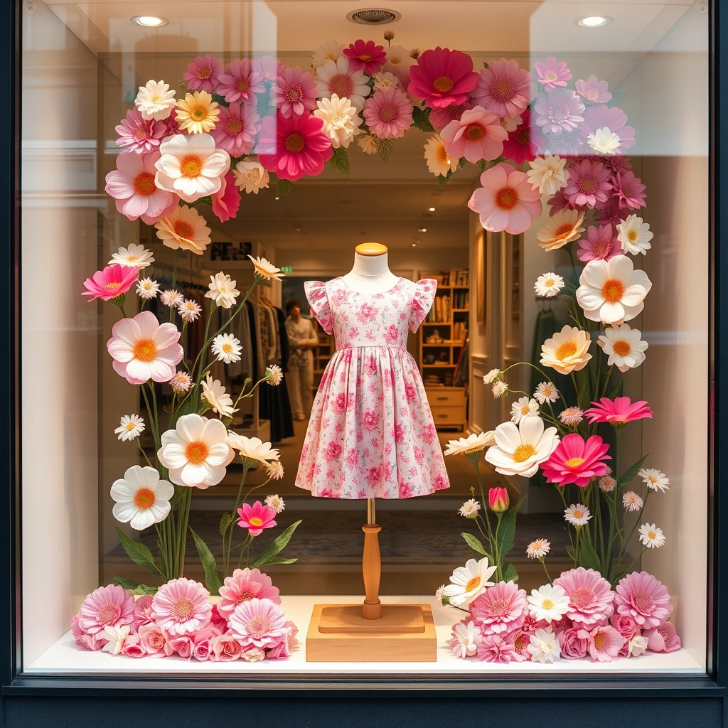 Create a window display for children's clothing, featuring a floral main visual, with a mannequin in the center dressed in a small floral dress, showcasing a simple style.