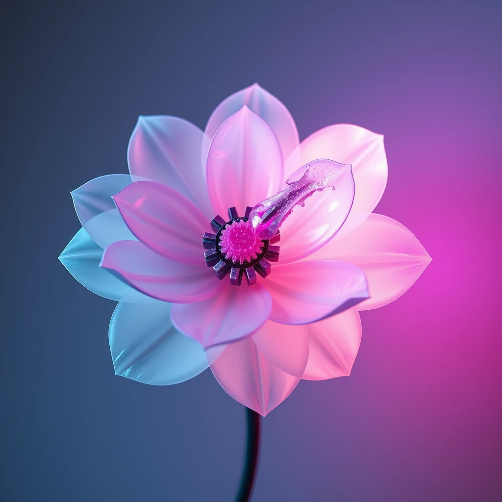 Create a mechanical white flower with pink and cyan crystal blending on transparent petals, some gears merging on it, light neon (purple) added on one side, hyper-realistic, octane render, vibrant mood color, dramatic shadow effect.