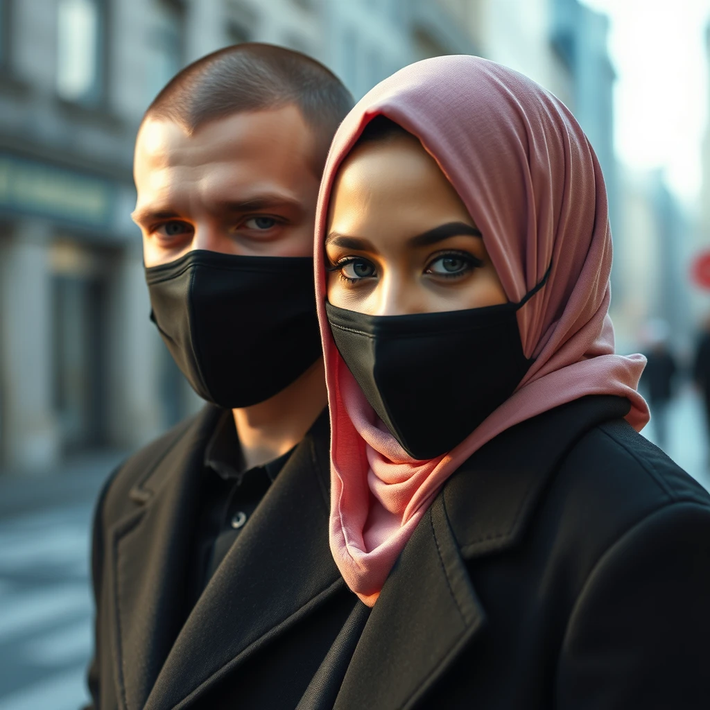 Jamie Dornan's face, hair and body shot, handsome, young, shaved, face mask black, black coat suit, dating love with the biggest soft pink hijab girl, beautiful eyes, black leather jacket, face mask black, biggest floral skirt, hyper realistic, street photography.