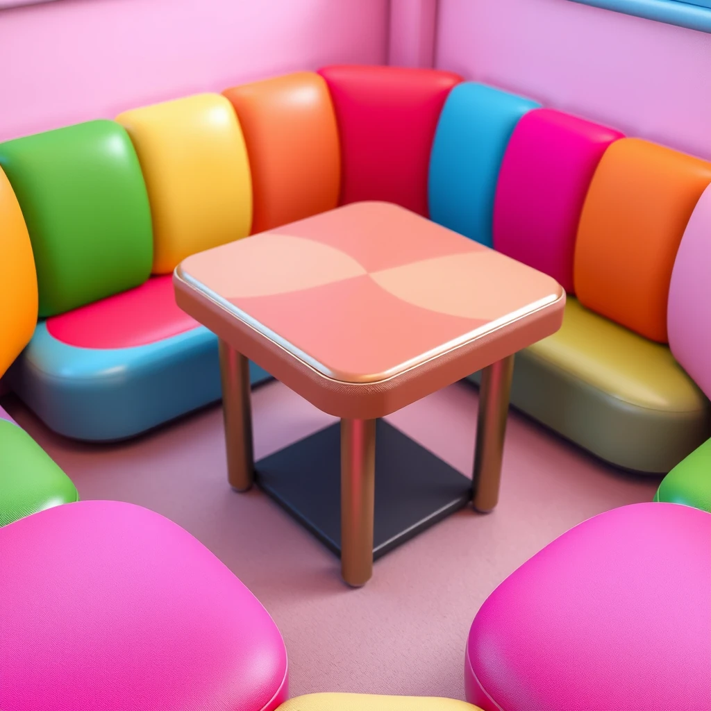 digital image of a playful and soft padded multicolor table, small table, square table, vibrant colors, The overall atmosphere should be fun, light-hearted, and engaging, suitable for a digital game environment, 45° view. - Image