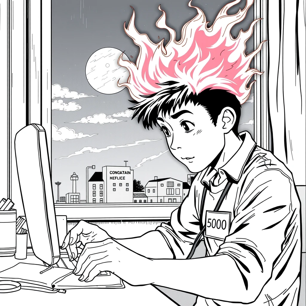 lineart comic, A young Asian man working like crazy, his head on fire, the moon outside the window. The man had an ID tag that said "500."