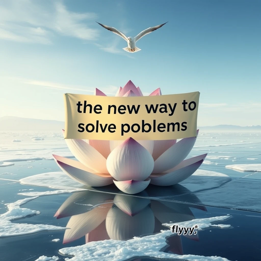 A lotus on ice with a big banner saying "the new way to solve problems," with a kid holding it and smiling. A bird flies in the sky with the text "flyyyy."