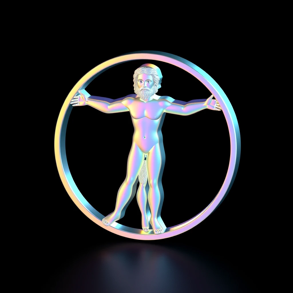 Iridescent holographic cute Vitruvian Man by Leonardo da Vinci icon, simple shapes, 3D render, simple design, black background, isometric view, pastel colors in the style of simple shapes. - Image