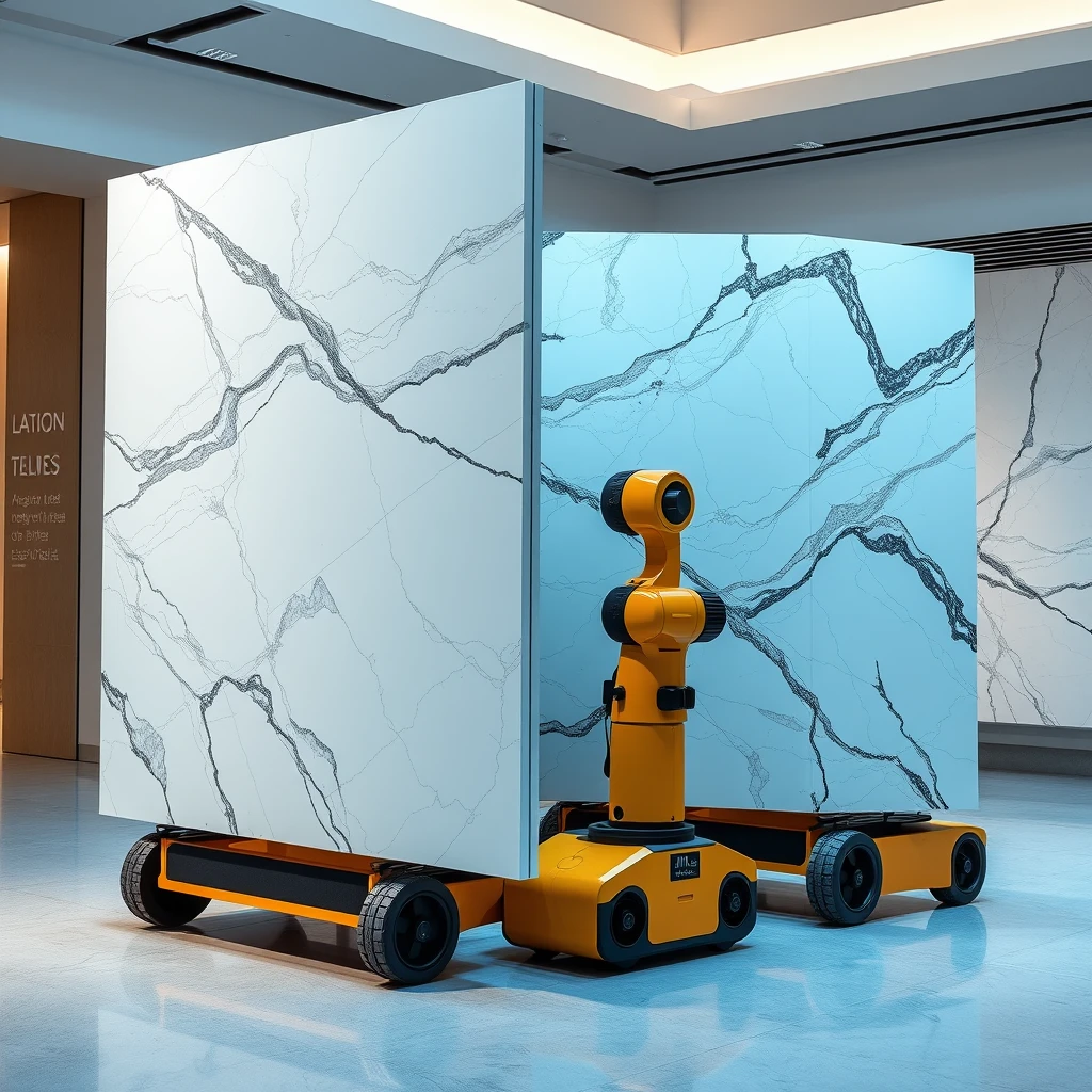 Smart, stylish robotic display system that can hold large 4-meter sized, polished marble panels such that the marble panels can be carried on AGVs, plus oriented vertically or horizontally, in book match format, for best viewing experience.