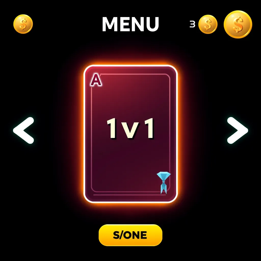 menu screen, a card in the middle which hints the mode of 1v1 and there is an arrow on left and on right to switch between modes, top right corner shows the current coins, vibrant colors, simple and eye catching design.