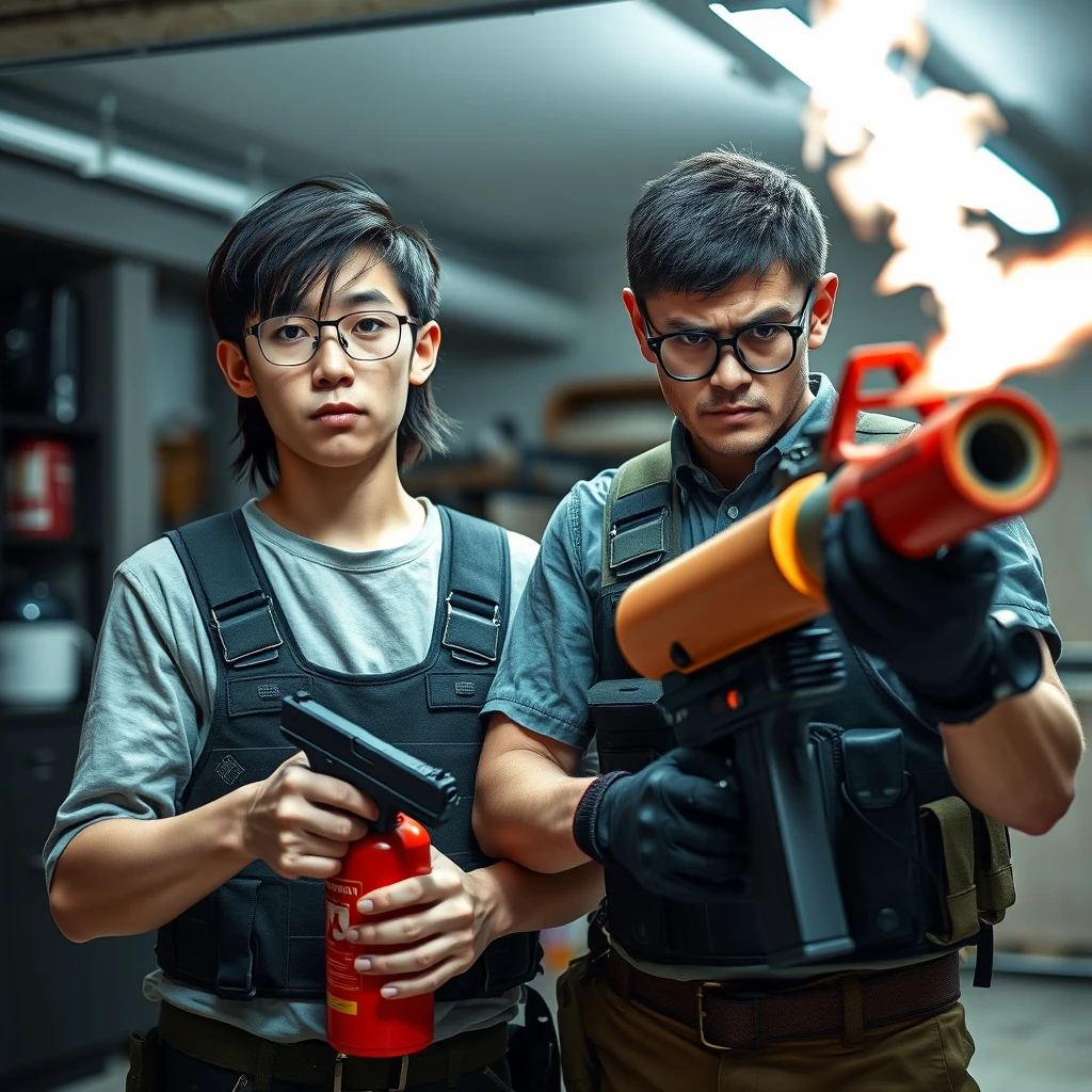 21-year-old white thin long-faced young adult Northern Chinese man with a square chin, wearing square glasses, holding a pistol, "medium/long length hair"; 21-year-old Caucasian Italian man wearing round glasses and short hair holding a very large fire extinguisher flamethrower; garage setting; both angry, tactical bulletproof vests.