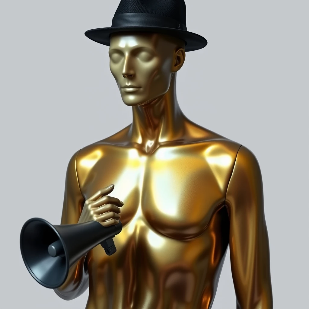 A scary reflective-skinned mannequin with an oil slick color, featuring a smooth bulbous head without facial features, wearing a fedora and holding a fake megaphone.