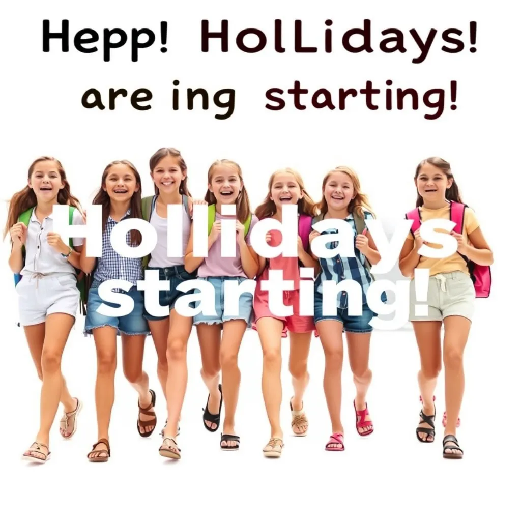 Create a photo with a group of teenage girls wearing summer clothes and sandals. They are joyfully walking towards the camera because the holidays are starting. They are carrying school backpacks and cheering. The background is white, no text. The children are completely visible. - Image