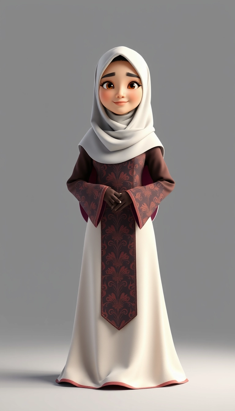 A 3D, 8k animated cartoon depiction of a Muslim woman from Palembang, wearing a traditional long songket and a long gown (gamis). She is adorned with a hijab that covers her chest and wears batik gloves covering her hands. - Image