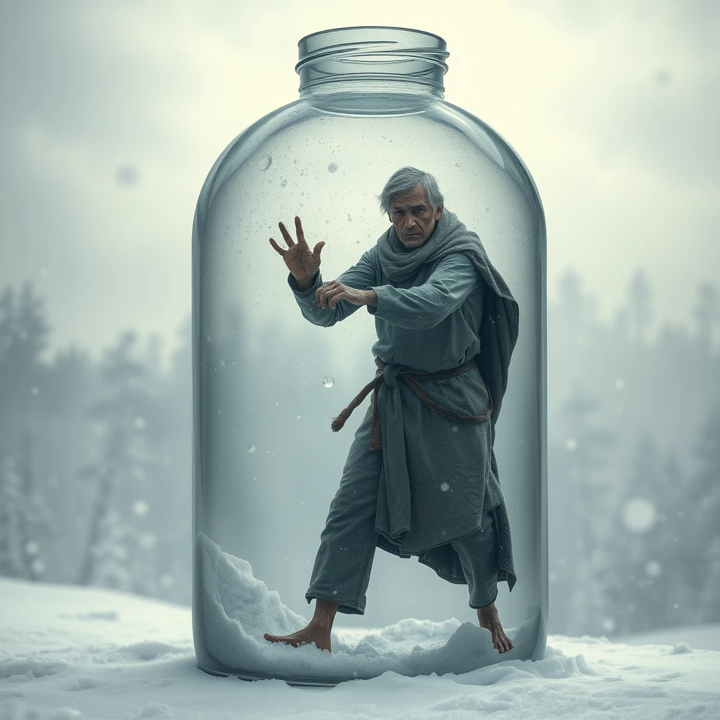 **Theme and Atmosphere**:  
"Realm of Helplessness: A frail-looking man dressed in thin clothing stands inside a giant transparent glass bottle. He strikes the glass bottle forcefully, but to no avail. Both inside and outside are covered in snow, creating a desolate and profound world."

**Background Setting**:  
- "The background features swirling snowflakes and the hazy outline of a forest, dominated by pale blue and gray tones, creating a cold and bleak atmosphere."  
- "In the distance, the blurry outline of a snowy forest can be vaguely seen, adding depth to the scene."

**Glass Bottle and Snow Scene**:  
- "The glass bottle is presented with a transparent quality, filled with pure white snowflakes inside, rich in detail and clear in layers, echoing the snowflakes outside."  
- "The edges of the bottle can be intentionally blurred to enhance the transparency of the glass and the depth of space."

**Character Depiction**:  
- "The man is dressed lightly, his face worn and gaunt, with deep-set eyes, striking the glass bottle while gazing at the faint distant sun. It should convey the man's struggle and resistance, yet a sense of helplessness and futility."

**Emotion and Meaning**:  
- "The entire image aims to convey a sense of helplessness and loneliness, allowing the viewer to feel the harmony between the man's inner world and the external environment."  
- "Through the metaphor of the glass bottle, the exploration of the individual’s separation and connection with the outside world, as well as the insignificance of man in the face of life, can be delved into."

**Details and Decoration**:  
- "Pay attention to the treatment of light and shadow effects, utilizing the light reflected by the snowflakes to enhance the brightness and depth of the image."  
- "Without compromising the overall atmosphere, some small decorative elements can be appropriately added, such as falling snowflakes and the vegetation in the cold wind."

**Style and Technique**:  
- "Please use delicate and emotionally rich brushstrokes for creation, focusing on the harmonious combination of color and light and shadow."  
- "In composition, attention should be paid to balance and contrast to ensure that the image is stable yet dynamic." - Image