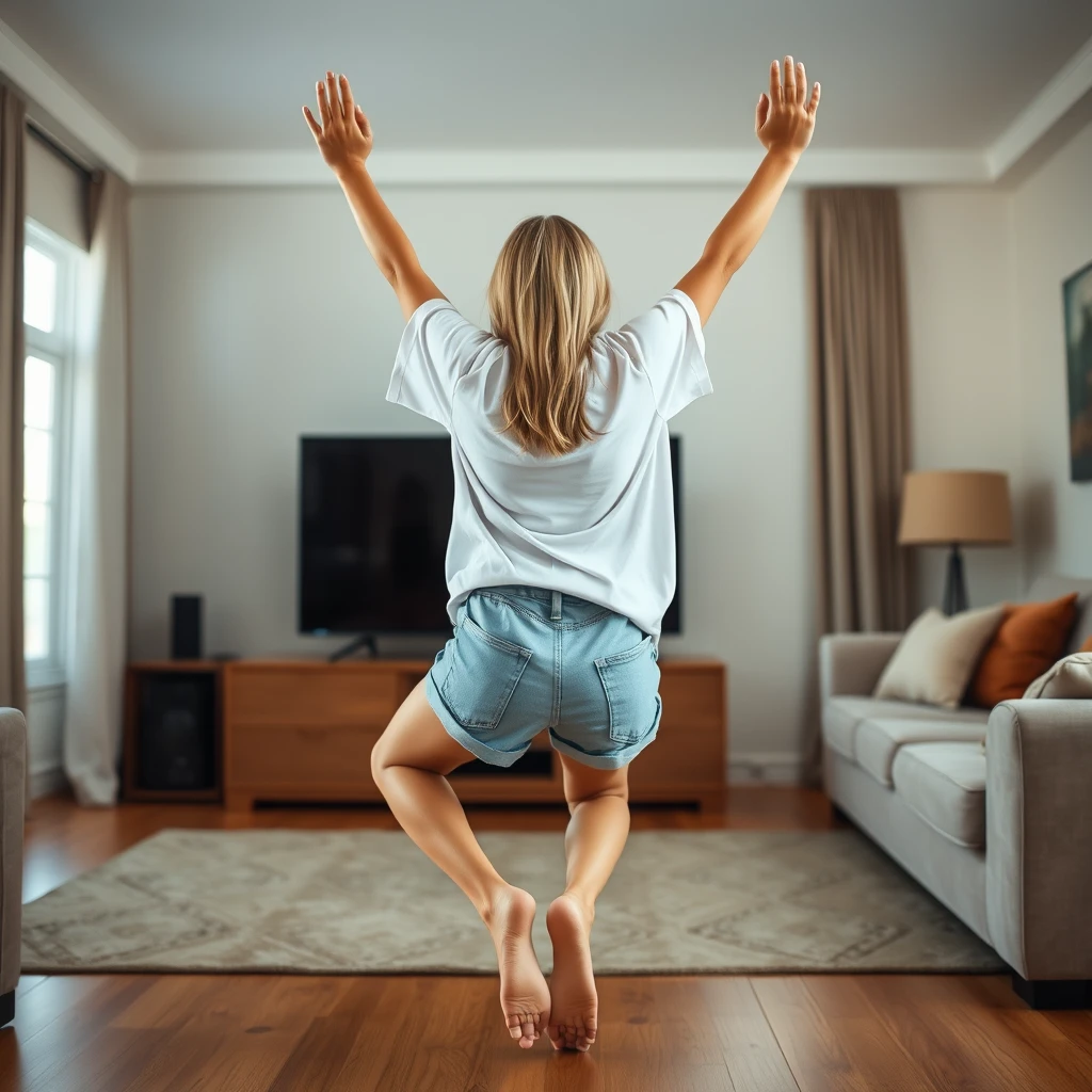 Side view angle of a skinny blonde woman in her large living room, wearing a massively oversized white T-shirt with one sleeve very unbalanced, and oversized light blue denim shorts. She has no shoes or socks on and is facing her TV. She dives headfirst into it with both arms raised below her head and legs high in the air at a 60-degree angle, already halfway through the TV screen. - Image