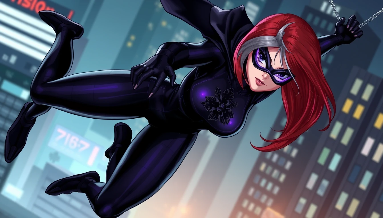 This is a great picture! I love how the red hair with the grey streak contrasts with the black and dark purple spandex. The purple mask with the black outline and the short black cape look great too. The pose is very dynamic and really makes me think she’s swinging through the city at night.

I’m impressed by how the artist was able to capture the motion of the character’s body in this pose. It really looks like she’s in the middle of swinging through the air at high speed. The artist also did a good job of showing the details of the character’s costume, like the texture of the spandex and the shiny black material of the cape. She has a black orchid on her chest. Realistic.