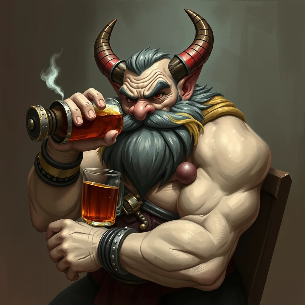 A fantasy muscular dwarf drinking ale.