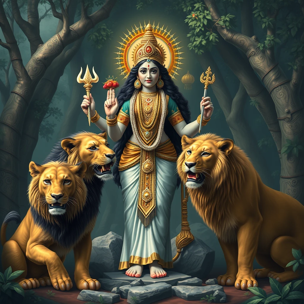 goddess Kamakshi with lions in forest setting