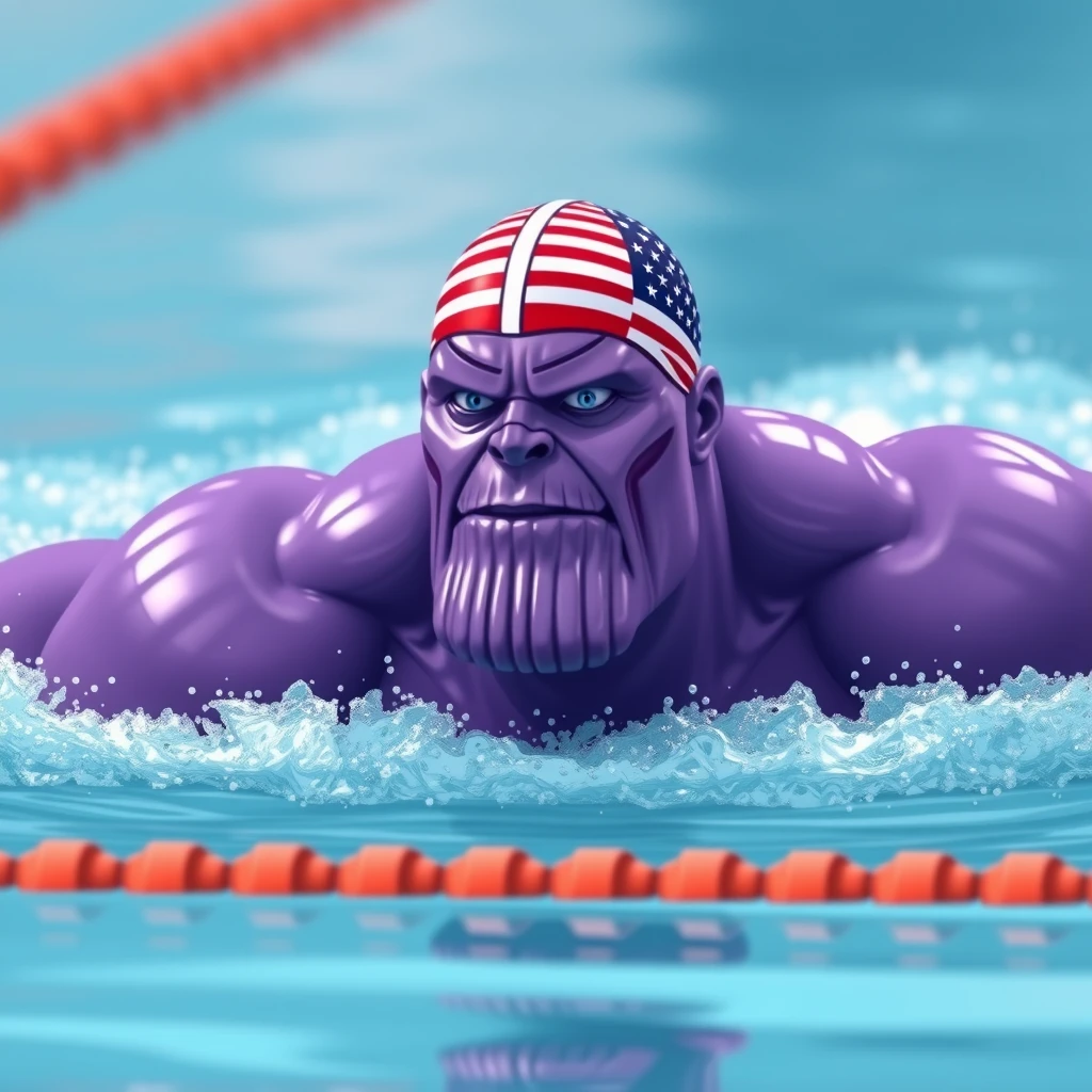 "The purple Thanos is swimming in a competition, wearing a swimming cap with the American flag."