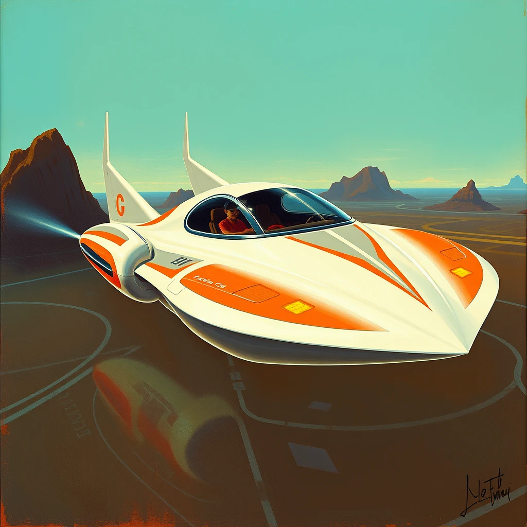 A futuristic flying car like in the Jetsons TV series, a painting by Syd Mead, 4k. - Image