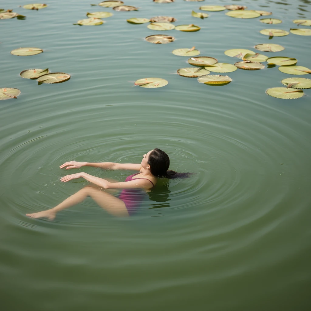 A woman swimming in a pond. - Image