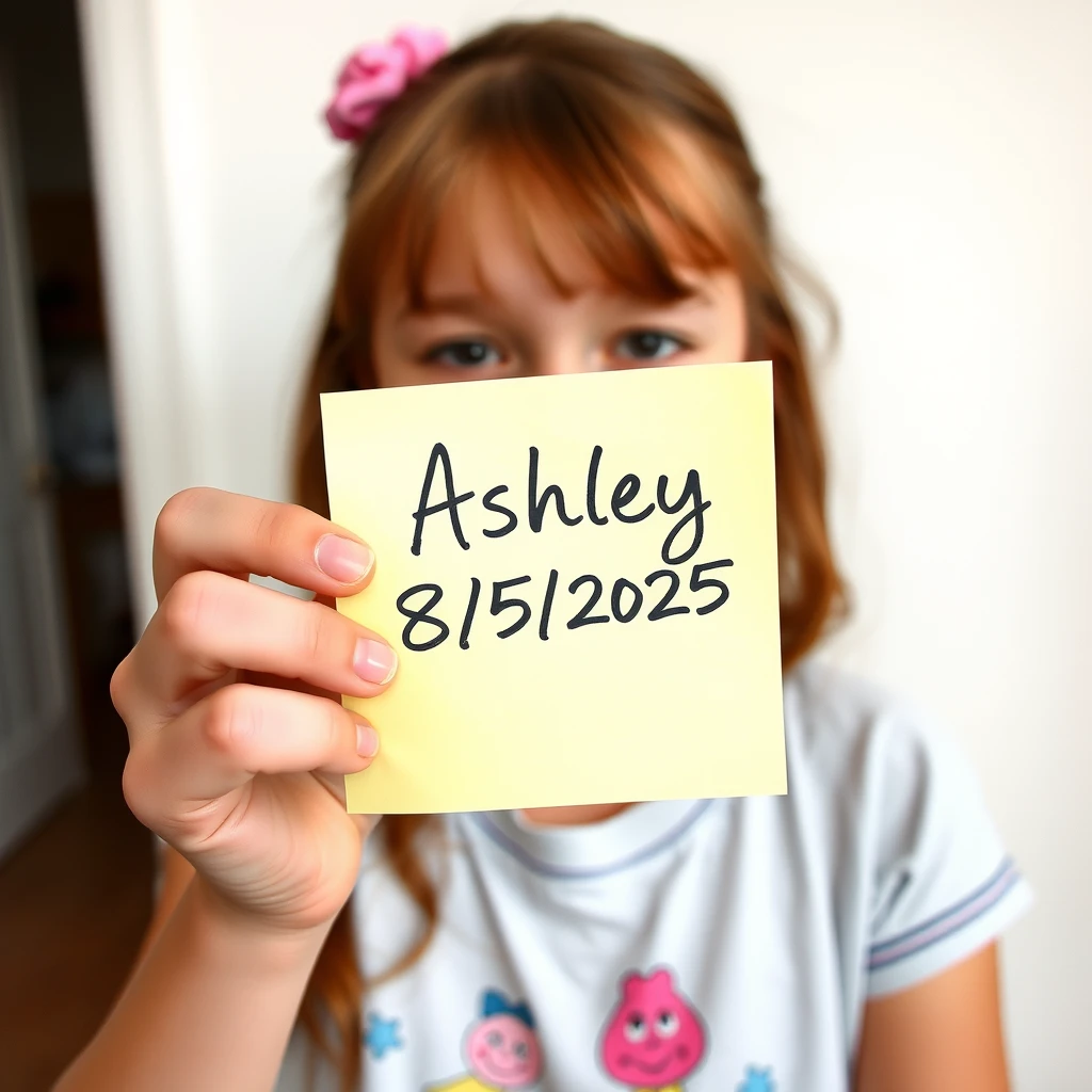 Photo taken on an iPhone of a girl holding up a sticky note to the camera that says “Ashley 8/5/2025” in handwritten script. It’s a wide focal length and is photorealistic. The background is a typical home setting, a blank drywall white wall.