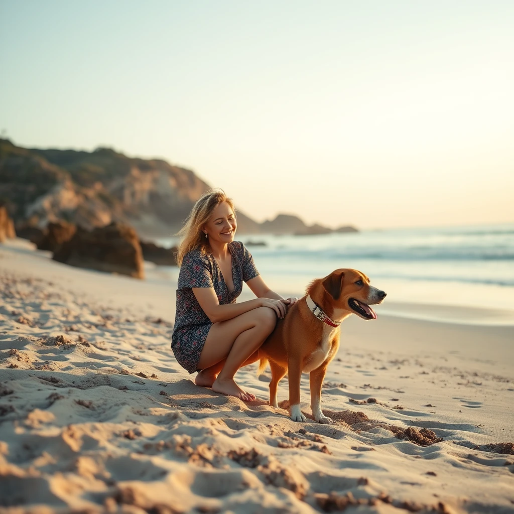 a woman, dog, sand beach