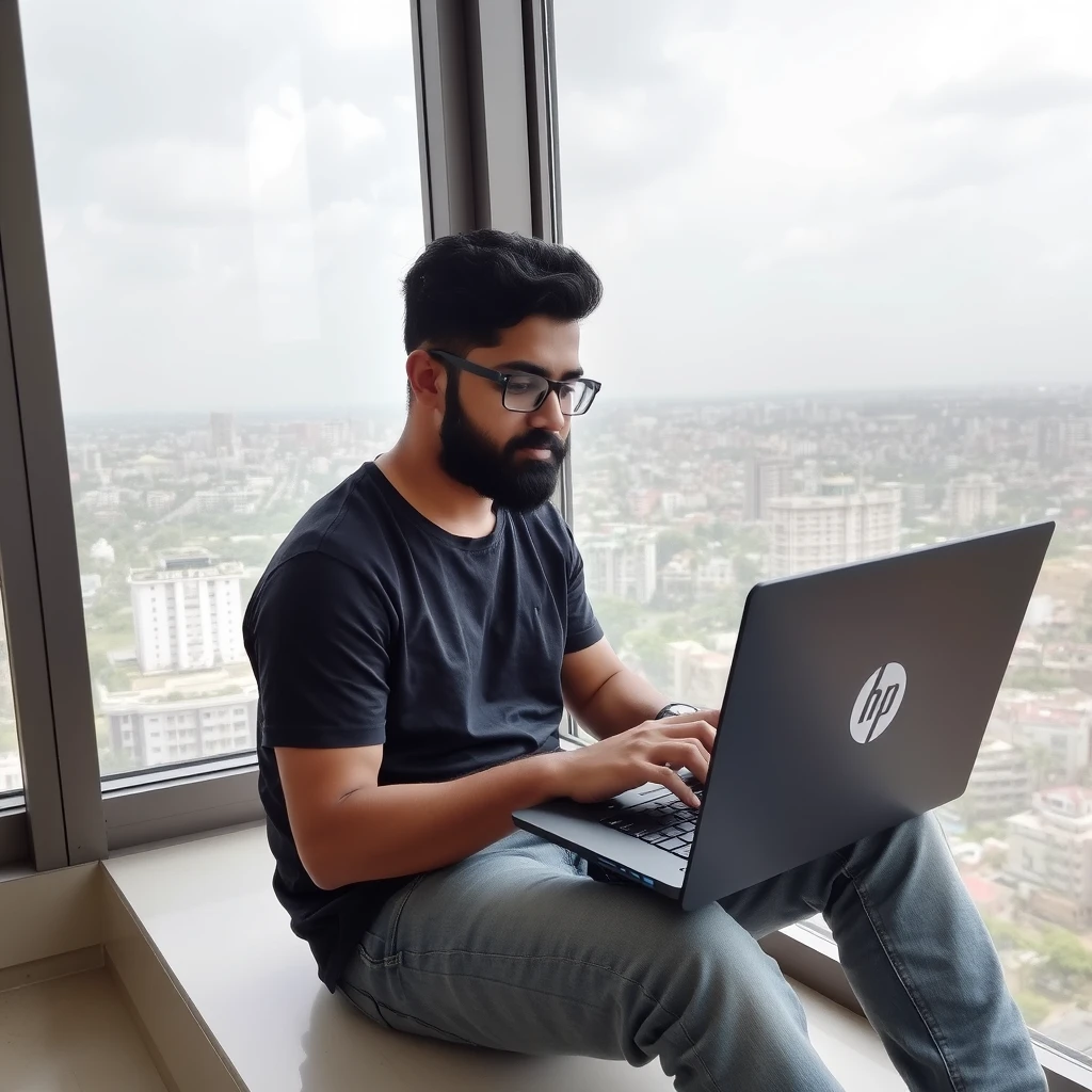 A bearded young man is coding on an HP laptop while sitting on the 14th floor, where his window overlooks the entire city of Indore.