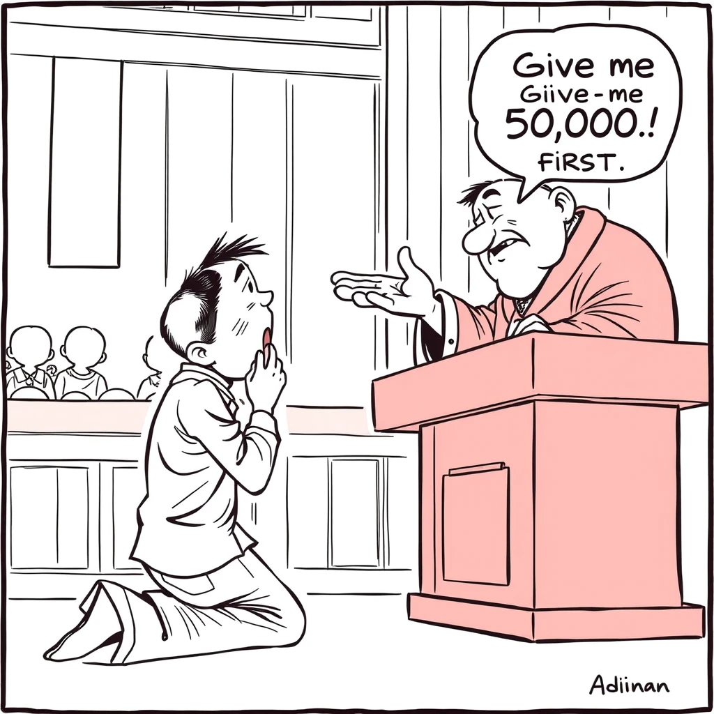 Asian comic, line art, a man kneels before the judge and is crying. The Chinese judge held out his hand and said very sneeringly: "Give me 50,000 first." - Image